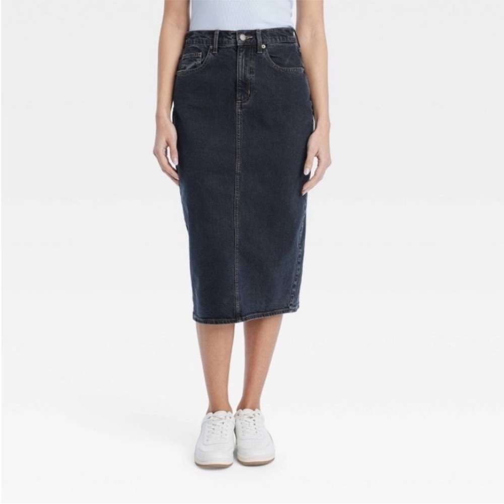 Universal Thread High Rise Back Slit Denim Midi Skirt in Black Wash